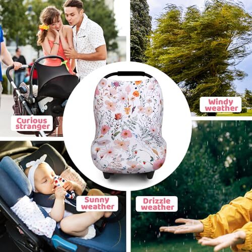 Car Seat Cover Baby, Carseat Cover for Boy Girl, White Dinosaur Wild Flower - Picture 8 of 8