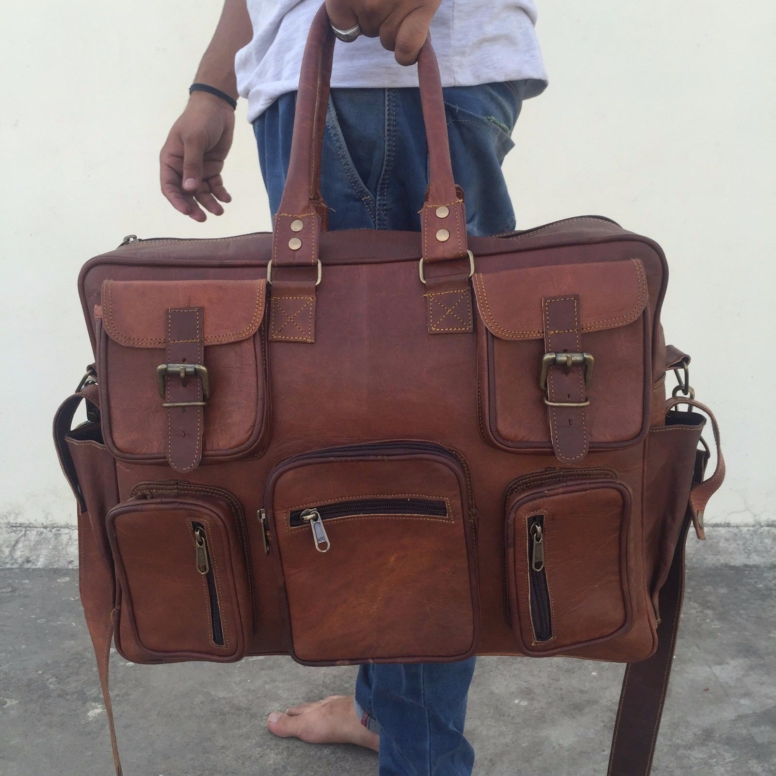 Men's Women's Luggage Duffle Gym Bag Handbag Travel Bag Real Leather 16"" Holdall