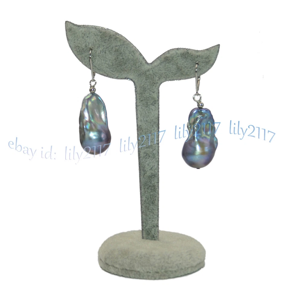 16-29MM NATURAL SILVER GRAY BAROQUE KESHI PEARL DANGLE 14K WHITE GOLD EARRINGS - Image 4 of 4