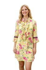 Flavio Castellani Floral Silk Dress Womens Sz 8 Yellow Ruffle Front Party Day