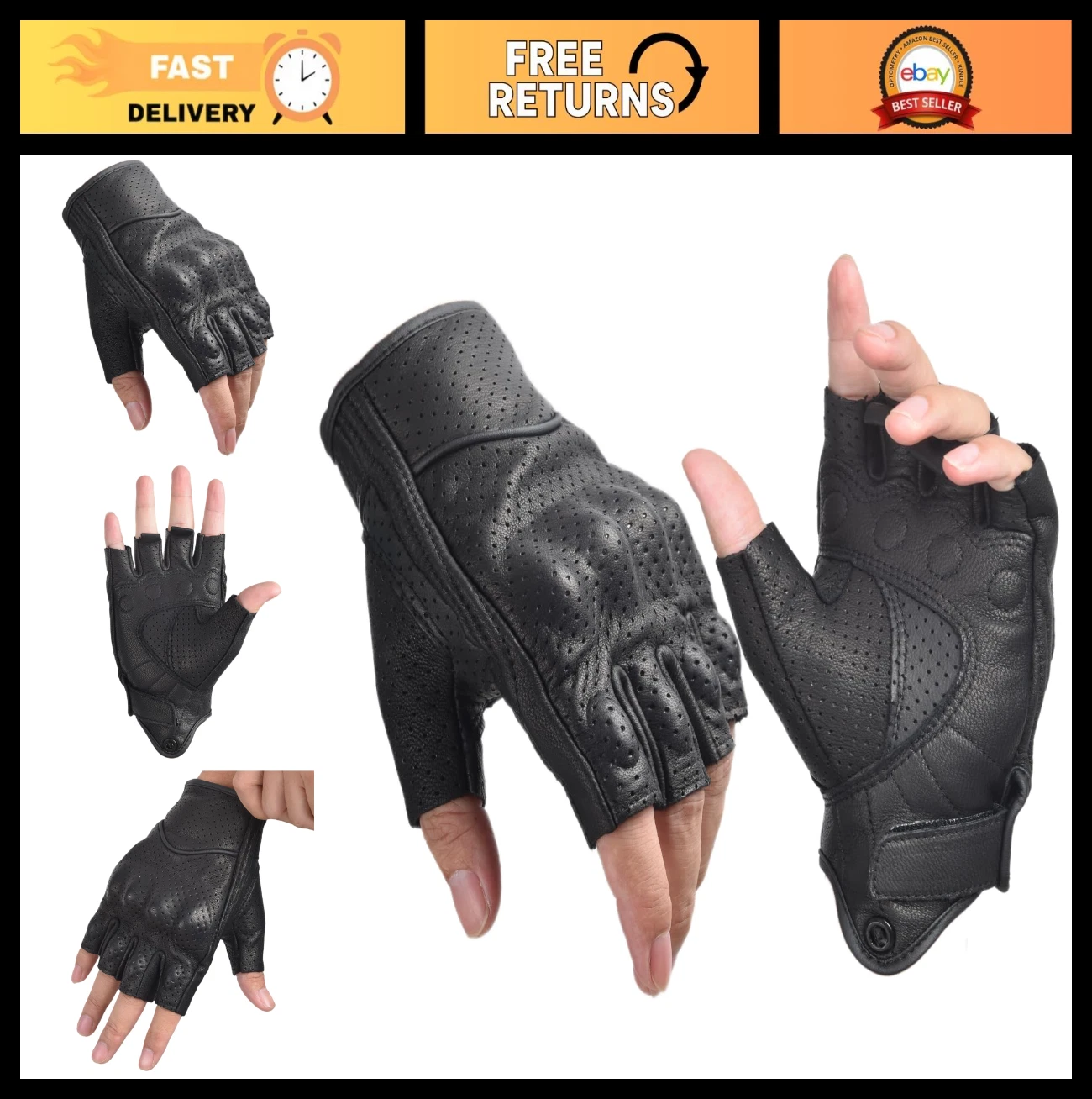 Men's Fingerless Goatskin Leather Motorcycle Gloves - Breathable Half Finger Cyc