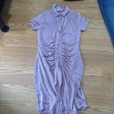   Fashion Nova Dress Small Pink Ruched Button Up Bodycon Shiny Knit 