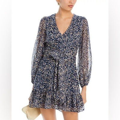 #ad AQUA Leopard Print Long Sleeve Wrap Mini Dress Navy Gold Size M $32.00