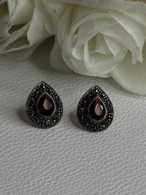 925 Sterling Silber Granat & Markasit Ohrringe Länge 0,60 Zoll