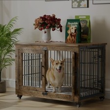 GIKPAL 32-Inch Dog Crate Furniture with Padded, 2-Door Wooden Wheels, Indoor Dog