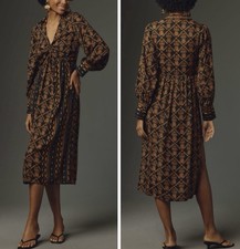 Farm Rio Long-Sleeve V-Neck Printed Tie-Front Midi Dress Medium NEW