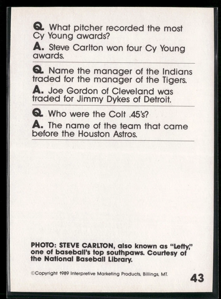 1990 Interpretive Marketing Baseball Wit #43 Steve Carlton - Image 2 of 2