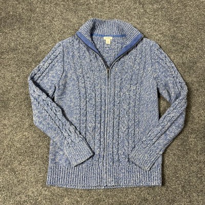 L.L. Bean Sweater Womens Medium Blue 100% Cotton Full Zip Mock Neck Cable Knit