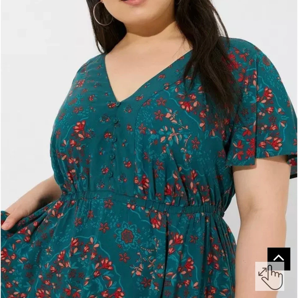 Vestido Torrid Plus 3X Estampado Floral Verde azulado Cuello en V Botón Delantero Hasta la Rodilla Foto 3 de 4