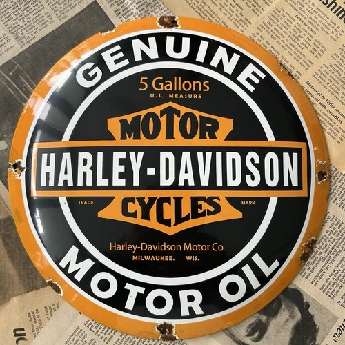 VINTAGE HARLEY DAVIDSON GENUINE MOTOR OIL 12 INCH CONVEX PORCELAIN ENAMEL SIGN