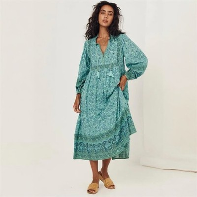 Spell Sundown Boho Midi Dress Size Medium AU 12 US 8 Turquoise Floral