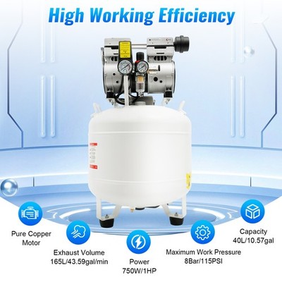 40L Portable Dental Air Compressor Oil Free Silent Air Pump 115 PSI