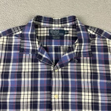 Vintage Polo Ralph Lauren Andy Camp Shirt Mens XL Blue Plaid Cotton Loop Collar