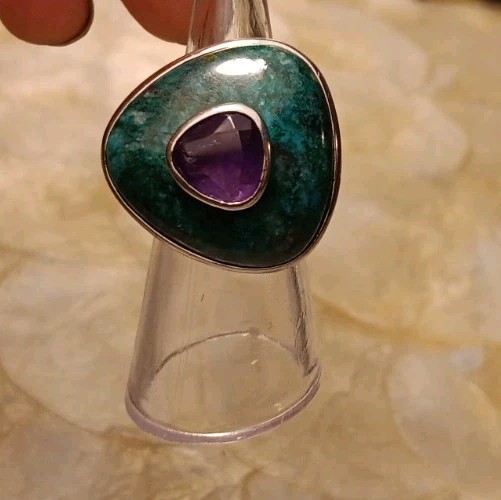 Turquoise Triangle Centered Amethyst Ring Abstrac… - image 3