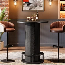 Black Round Bar Table, 39.4" Wood Bistro Pub Table with Metal Ring Footrest