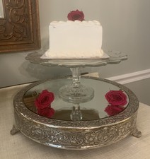 Mirror Top Silver Plate Lg Mirror Top  Display Pedestal Cake Stand, Vanity Tray