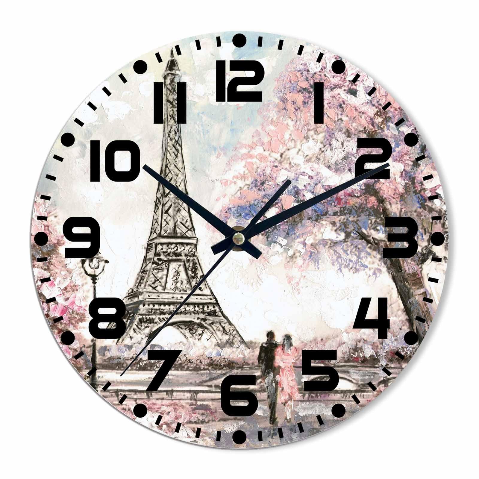 NOMEDOGYIM Eiffel Tower Wall Clock Paris Pink Tree Couple Love Oil Painting