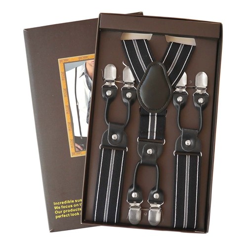 Mens Fashion 35mm Pattern Suspenders 6 Clips Elastic Leather Heavy Duty Braces - Picture 46 of 51