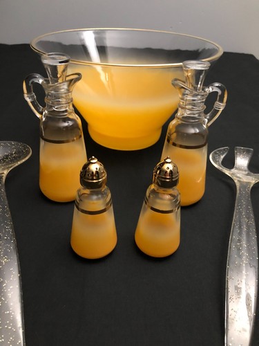 VTG 1950's Anchor Hocking Blendo Serving Set Salad Bowl Cruets Shakers Orange - Picture 2 of 14