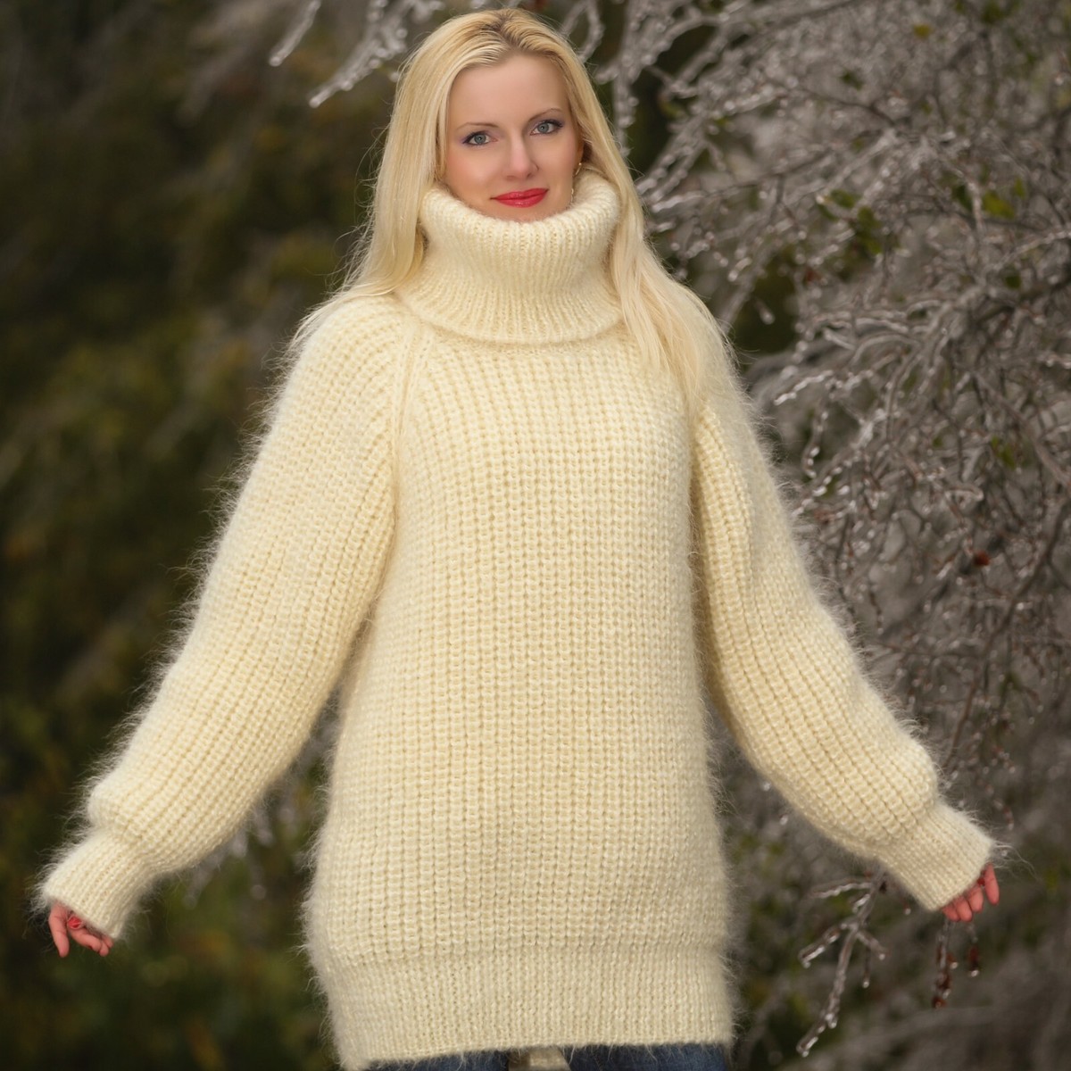 Ivory mohair sweater warm ski jumper handmade thick pullover