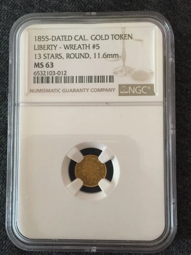 1855 California Gold Indian Head Gold Token 11.6mm 13 Stars Wreath #5 NGC MS63