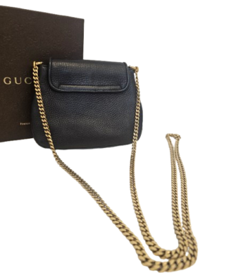 GUCCI Black Pebbled Leather '1973' Gold Chain Shoulder Strap Small