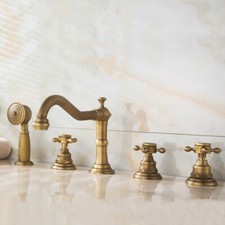 Antique Brass Deck Mount Bathroom 5 Hole Roman Tub Faucet with Hand Shower Spray