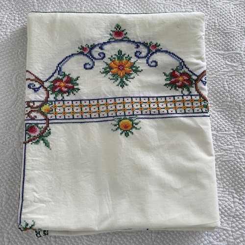 Vintage Tablecloth & Napkins Italy Hand made Cross Stitch Floral Multicolored - Picture 24 of 24