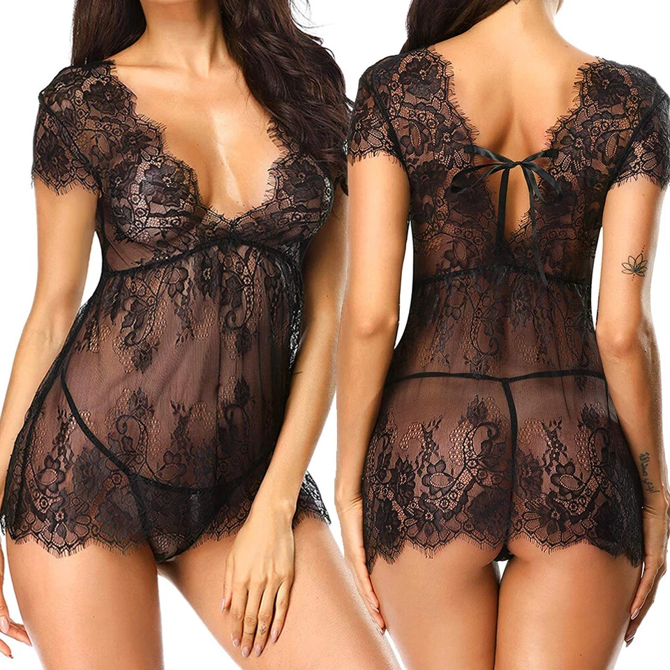 Sexy-Lencería Babydoll Negra Para Mujer Prendas para Dormir Ropa Interior Encaje Vestido Prendas para dormir EE. UU. Foto 4 de 4