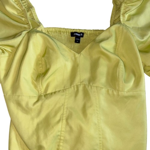 Express Puff Sleeve Corset Style Top-Tie Back-Neon Yellow Green-M-GUC - Picture 2 of 6