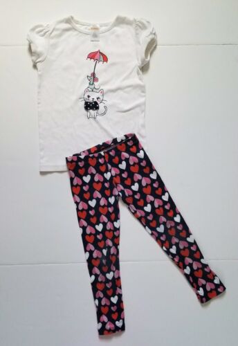 Girl's 5T Gymboree Prep Perfect White Cat Mouse Shirt & Blue Red Hearts Leggings - Afbeelding 1 van 6