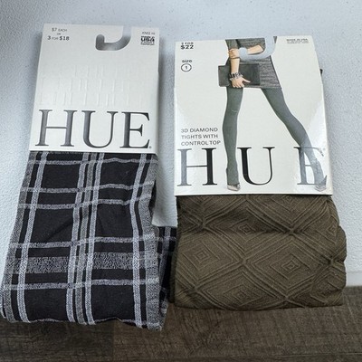 Hue 1 Pair Olive Green 3D Diamond Tights Size 1, 1 Pair Plaid Knee High Socks OS