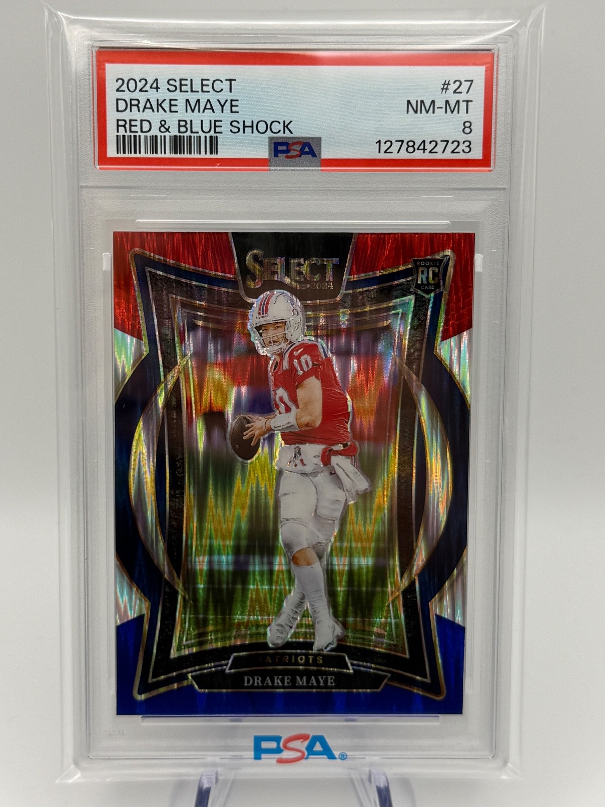 2024 Panini Select Drake Maye Red & Blue Shock #27 PSA 8 Patriots