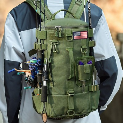Fishing Backpack Tackle Bag 600D Rod & Gear Compact Holder Bag with USA Flag