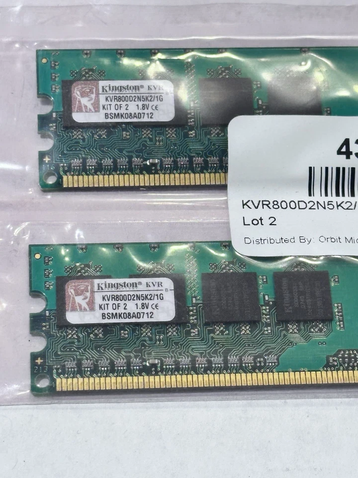 2 Kingston KVR800D2N5K2/1G DDR2 SDRAM 240 Pin PC-6400 Single Rank Memory - Image 2 of 4