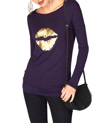 MELROSE Damen Longsleeve Gr. 36/S lila-gold Lippen-Motive Langarm-Shirt 36, NEU