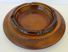 Amber Glass CIGARETTE CIGAR ASHTRAY LARGE 8" Vintage With Wood Base