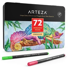 ARTEZA Inkonic Fineliner Pens, Set of 72, 0.4 mm Fine Tip Markers, Water-Based