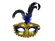 Blue Gold Glitter Masquerade Mask with Feathers Rhinestones - Party Accessory