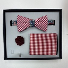 Red Gingham Floral Bow Tie Set Designer Cotton 3 Piece Men s Formal Wear