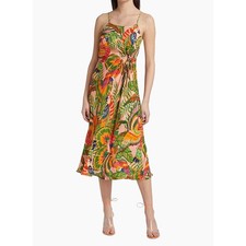 Farm Rio Macaw Leaves CutOut Midi Dress Parrot Tropical Beaded Tassel Sml Resort