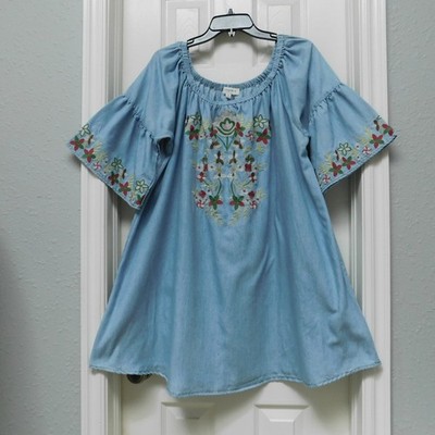 UMGEE Womens Embroidered Chambray Peasant Light Blue Dress 1XL