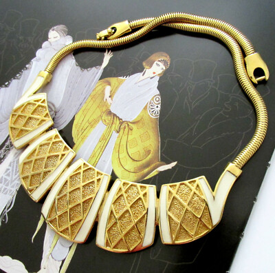 VTG Runway MONET Modernist Off White Enamel GP Lattice Panel Bib Necklace 80s
