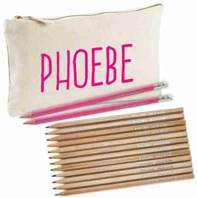 Personalisierte Leinwand Bleistifthülle mit 12 Buntstiften & 2 HB Bleistiften - PINK
