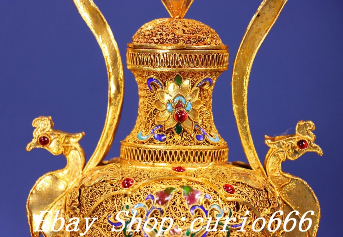 Qianlong Copper Gold Gilt Filigree Inlay Gems Phoenix Bird