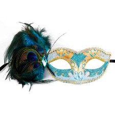 Mint Blue Teal  Gold Peacock Masquerade Mask with Feathers Venetian for Women