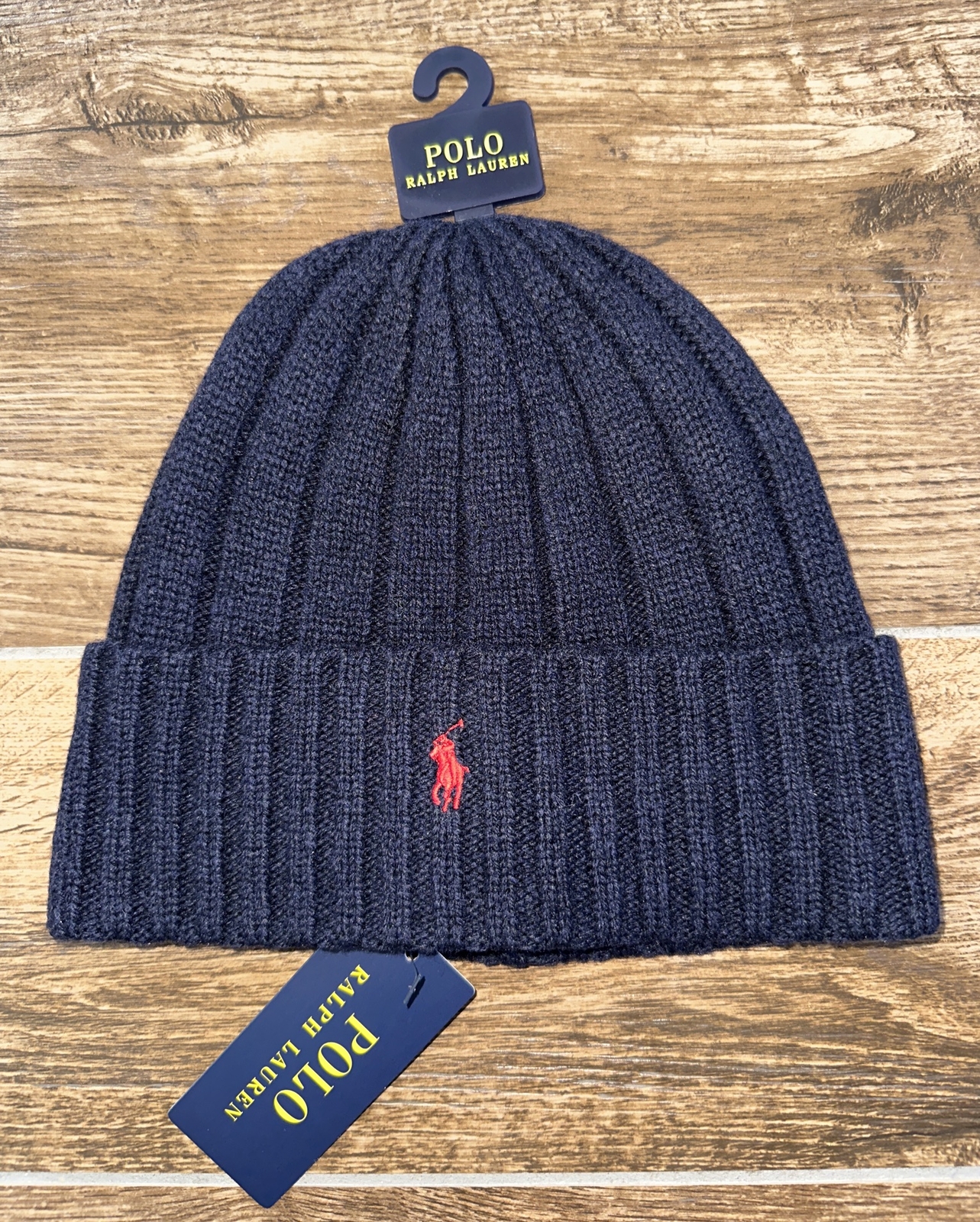 NUOVA Polo Ralph Lauren Merino Miscela Lana Beanie Navy BLU Rosso PONY TAGLIA UNICA NUOVA CON ETICHETTE