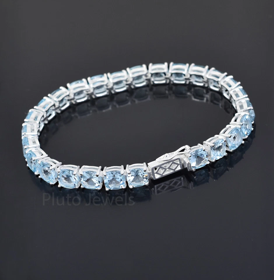 Теннисный браслет с натуральным голубым топазом и драгоценными камнями 6 мм, отличный блеск! - Изображение 4 из 4