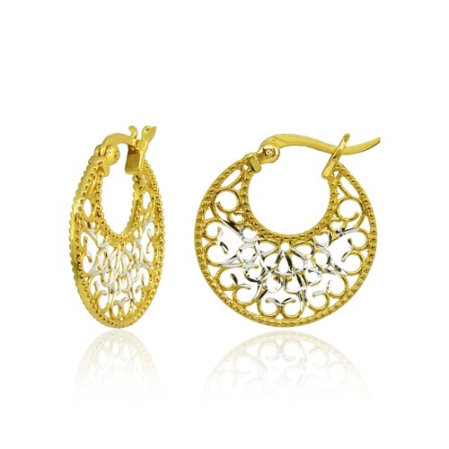Two-Tone Diamond-Cut Filigree Yellow Gold Flashed Sterling Silver Heart Earrings - Picture 3 of 3