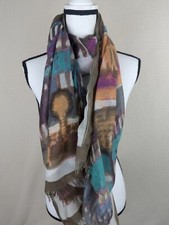 FRAAS Scarf 77 x 40 Multi Color Brown Purple Teal Orange Lightweight Fringed